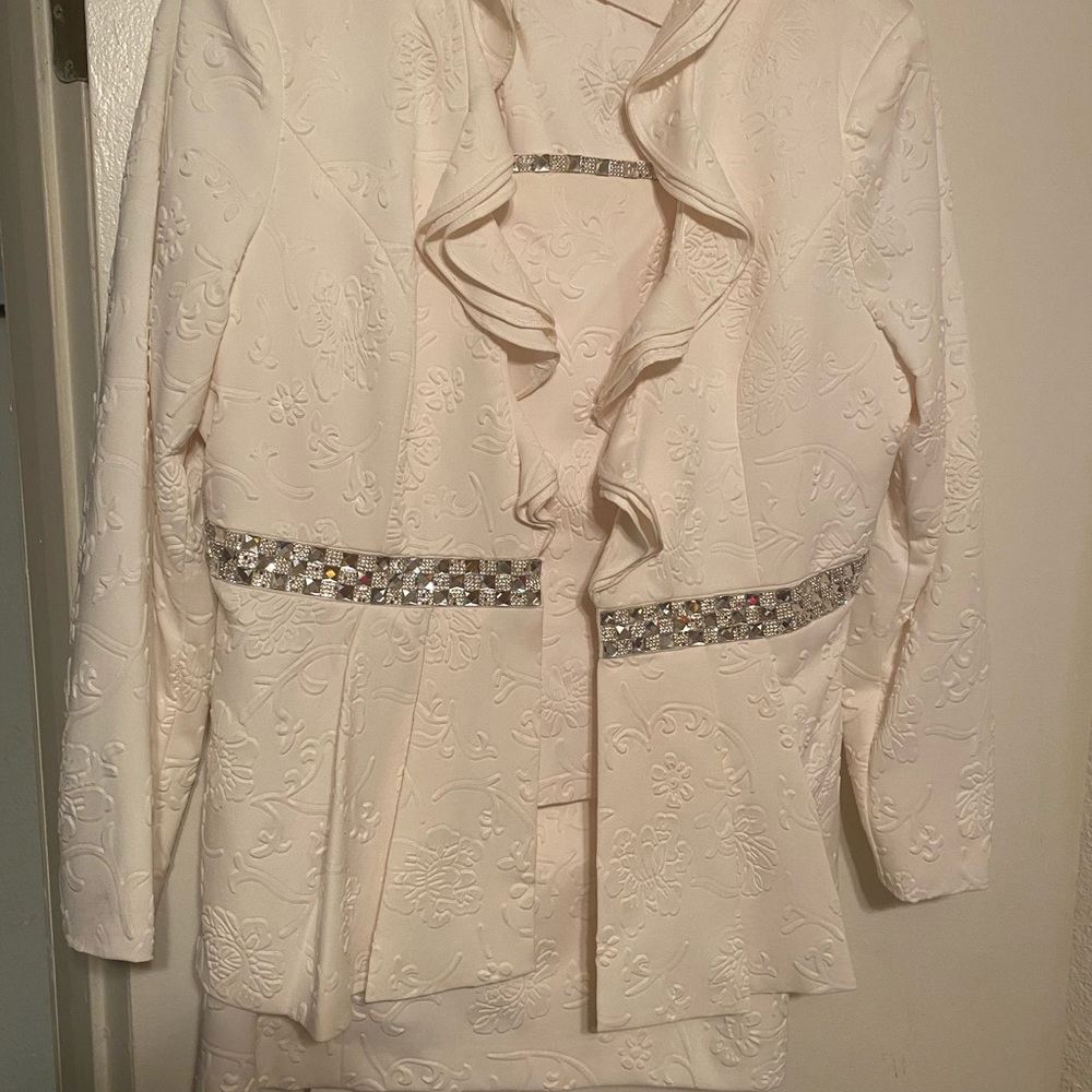 Serafina 3 peice designed polyester suit, midi skirt, silver sequins waist